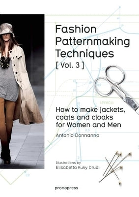 Paperback book titled "Fashion Patternmaking Techniques Vol. 3" showing patterns for jackets, coats, and cloaks for men and women.