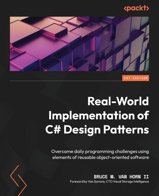 Paperback book cover for "Real-World Implementation of C# Design Patterns" by Packt Publishing, featuring programming and software design concepts.
