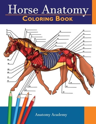 Detailed image of the Horse Anatomy Coloring Book by Muze Publishing, showcasing a colorful illustrated horse anatomy diagram on the paperback cover.