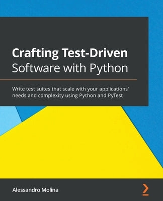 Paperback book titled "Crafting Test-Driven Software with Python" from Packt Publishing, featuring Python and PyTest on the cover.