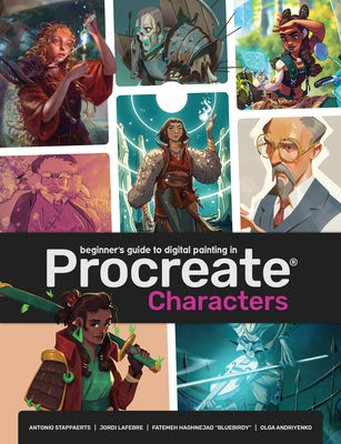 Paperback book titled "Beginner's Guide to Procreate: Characters" by 3dtotal Publishing, showing colorful character illustrations on the cover.