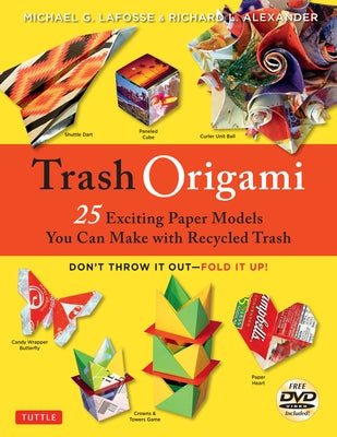 Paperback book titled "Trash Origami" by Tuttle Publishing, showing colorful paper folded into various origami projects.