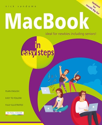 Open MacBook in Easy Steps book cover showing a sleek MacBook and guidebook with clear instructions for beginners.