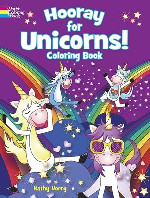 Coloring book titled "Hooray for Unicorns!" by Dover Publications featuring whimsical unicorn illustrations on the cover.