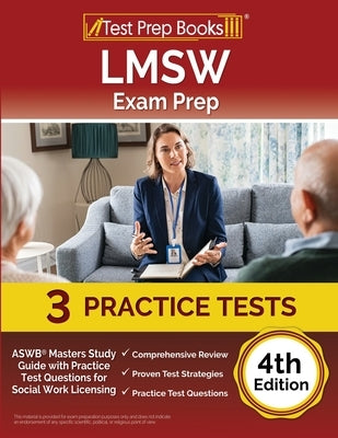 Paperback LMSW Exam Prep Study Guide by Test Prep Books featuring practice test questions for social work licensing exam.