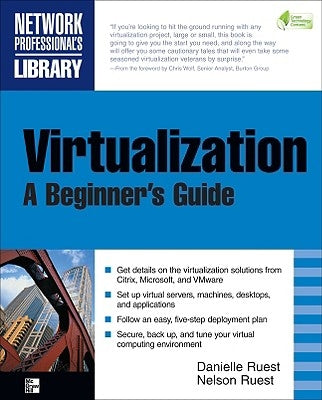 Paperback book titled "Virtualization, a Beginner's Guide" by McGraw-Hill Companies with a plain cover and title text visible.
