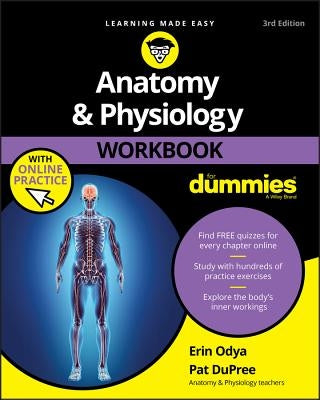 Anatomy and Physiology Workbook for Dummies with online practice exercises, featuring pages with diagrams and practice questions.