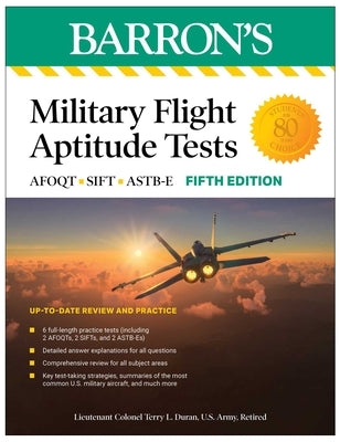 Paperback book titled "Military Flight Aptitude Tests, Fifth Edition" by Barrons Educational Services with practice test pages visible.