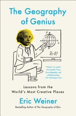 Cover of "The Geography of Genius" book by Simon & Schuster, featuring a colorful map and creative design elements.
