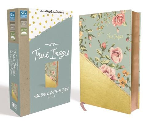 Zondervan NIV True Images Bible for Teen Girls in blue and gold imitation leather, featuring colorful cover design and gold accents.