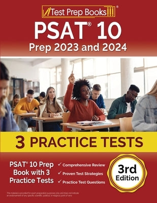 Paperback PSAT 10 Prep Book by Test Prep Books featuring cover with practice test illustrations for 2023 and 2024 exam prep