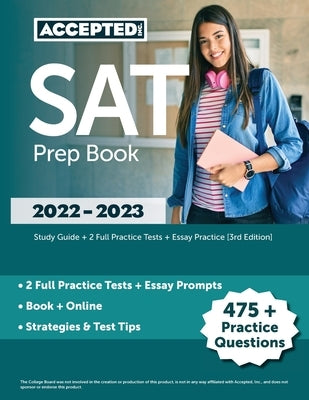 Accepted Inc. SAT Prep Book 2022-2023 paperback with study guide, two practice tests, and essay practice material.