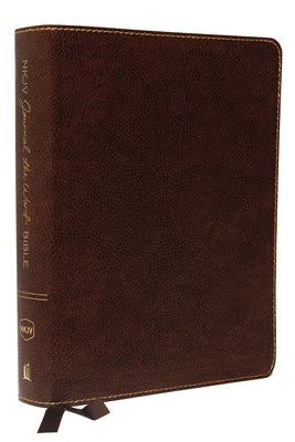 Thomas Nelson NKJV Journal the Word Bible in brown bonded leather, red letter edition with comfort print, open to a reflective or artistic page.