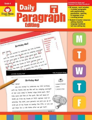 Paperback Daily Paragraph Editing Grade 4 book by Evan-Moor Educational Publishers with sample pages visible.