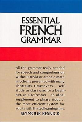 Open page of "Essential French Grammar" book by Dover Publications showing French language rules and grammar examples.