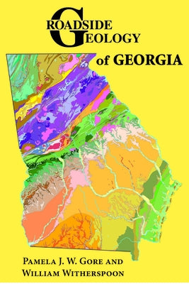 Cover image of "Roadside Geology of Georgia" book by Mountain Press Publishing Company with geological illustrations.