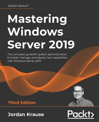 Paperback book titled "Mastering Windows Server 2019" by Packt Publishing, featuring the cover with Windows Server 2019 imagery.