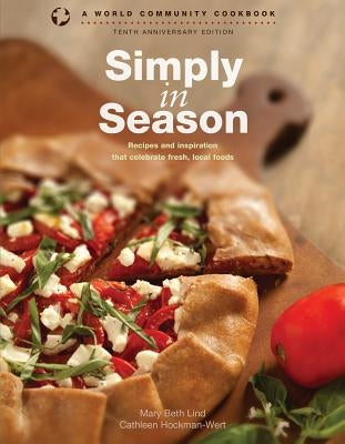 Paperback cookbook titled "Simply in Season" by Herald Press featuring recipes and inspiration celebrating fresh, local foods.