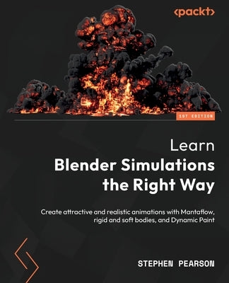 Paperback book titled "Learn Blender Simulations the Right Way" by Packt Publishing, featuring colorful illustrations on the cover.
