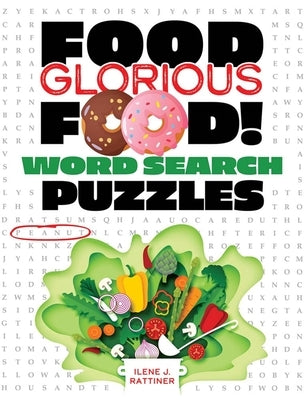 Paperback Food, Glorious Food! Word Search Puzzles by Dover Publications featuring colorful food-themed puzzle pages.