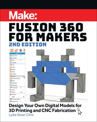 Paperback book titled "Fusion 360 for Makers" by Make Community, LLC, featuring a cover with digital modeling and 3D printing themes.