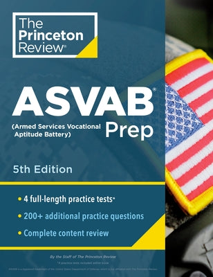 Princeton Review ASVAB Prep 5th Edition paperback with practice tests, content review, and test strategies for exam preparation.