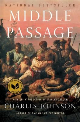 Paperback of Middle Passage novel by Scribner Book Company, showing the book cover with dark and textured design.