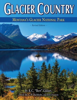 Paperback copy of Glacier Country - Revised Edition by Farcountry Press, showcasing the book's cover with scenic mountain imagery.