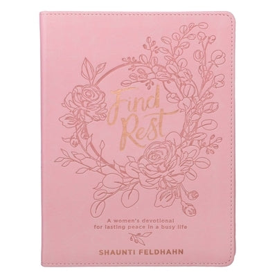Devotional Luxleather Find Rest book by Christian Art Gifts Inc, featuring a brown leather cover with gold-edged pages and a ribbon bookmark.