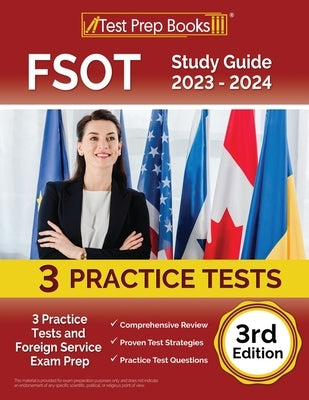 Paperback FSOT Study Guide 2023-2024 by Test Prep Books with practice tests and exam prep content, 3rd edition.