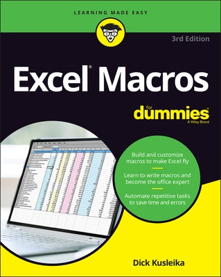 Paperback book titled "Excel Macros for Dummies" by For Dummies, featuring a colorful cover with text and graphics.