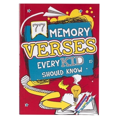 Softcover Christian Book titled "77 Memory Verses Every Kid Should Know" by Christian Art Gifts Inc, featuring colorful illustrations.