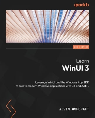 Paperback book titled "Learn WinUI 3" by Packt Publishing, featuring a cover with Windows app development themes in a modern design.