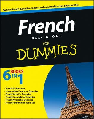 French All-In-One book for Dummies by For Dummies showing a colorful book cover with French language learning tips