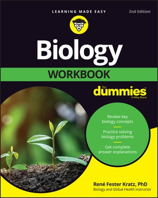 Paperback biology workbook for Dummies with colorful cover, featuring illustrations and study prompts for learning biology concepts.