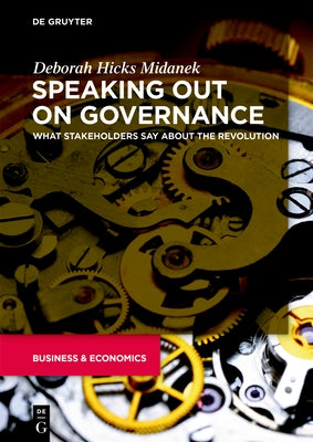 Paperback book "Speaking Out on Governance" by de Gruyter with a cover featuring text and illustrations related to governance.