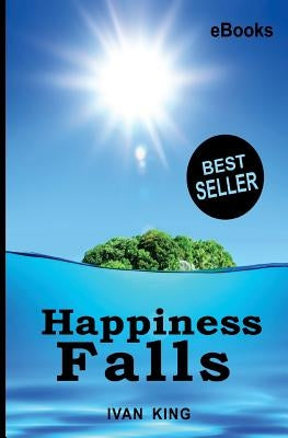 Paperback copy of Happiness Falls ebook by Createspace Independent Publishing Platform, showing the book cover with colorful artwork.