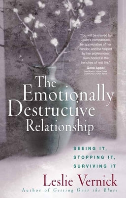 Cover of "The Emotionally Destructive Relationship" book by Harvest House Publishers, featuring a distressed couple silhouette.