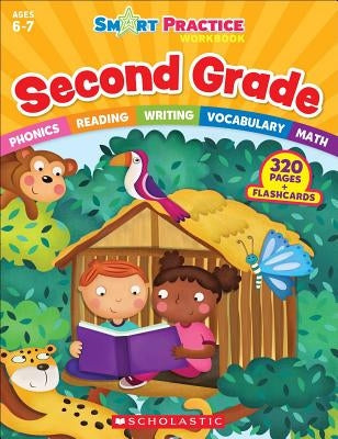 Second grade Smart Practice Workbook by Scholastic Teaching Resources showing colorful activity pages and educational exercises.