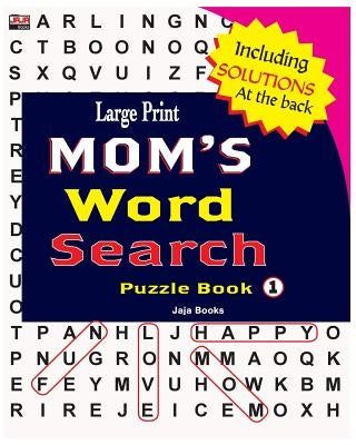 Large print Mom's Word Search Puzzle Book, Vol. 1 paperback with colorful cover and sample puzzles visible.