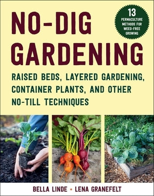 Open book cover of "No-Dig Gardening" by Skyhorse Publishing showing layered garden beds and no-till gardening techniques.