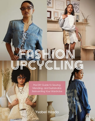 Paperback book titled "Fashion Upcycling" by Rocky Nook, featuring sewing and mending tips for sustainable wardrobe reinventing.