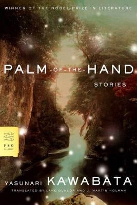 Close-up of the book "Palm-Of-The-Hand Stories" by Farrar, Straus and Giroux with a textured cover and visible title.