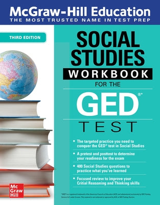 McGraw-Hill Education Social Studies Workbook for GED Test, Third Edition, showing colorful cover with educational illustrations