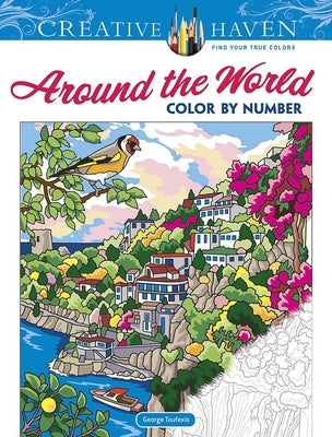 Paperback Creative Haven Around the World Color by Number book by Dover Publications featuring a colorful map design for coloring.