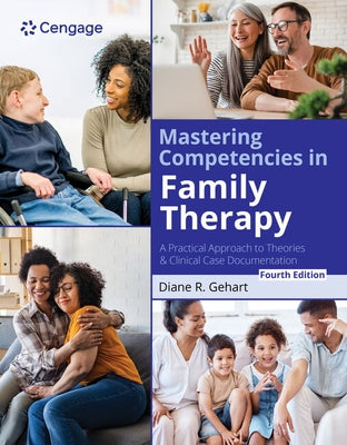Paperback book titled "Mastering Competencies in Family Therapy" by Cengage Learning, featuring clinical case documentation and therapy theories.