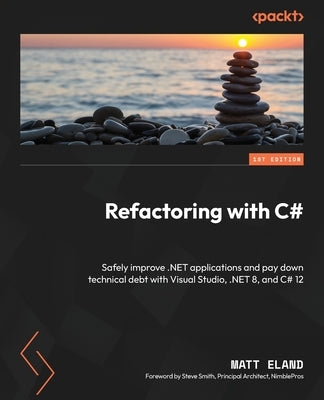 Paperback book titled "Refactoring with C#" showing a cover with code snippets and technical illustrations on a white background.