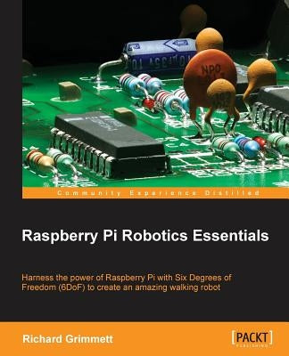 Paperback book titled Raspberry Pi Robotics Essentials by Packt Publishing, showing cover with images of Raspberry Pi and robotic components.