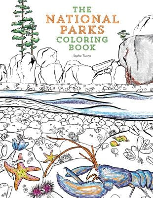 A page from The National Parks Coloring Book by Harper Design featuring detailed illustrations of scenic park landscapes and wildlife.