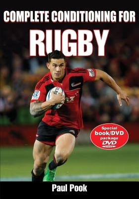 Paperback copy of Complete Conditioning for Rugby by Human Kinetics Publishers, featuring cover with rugby training and conditioning visuals.